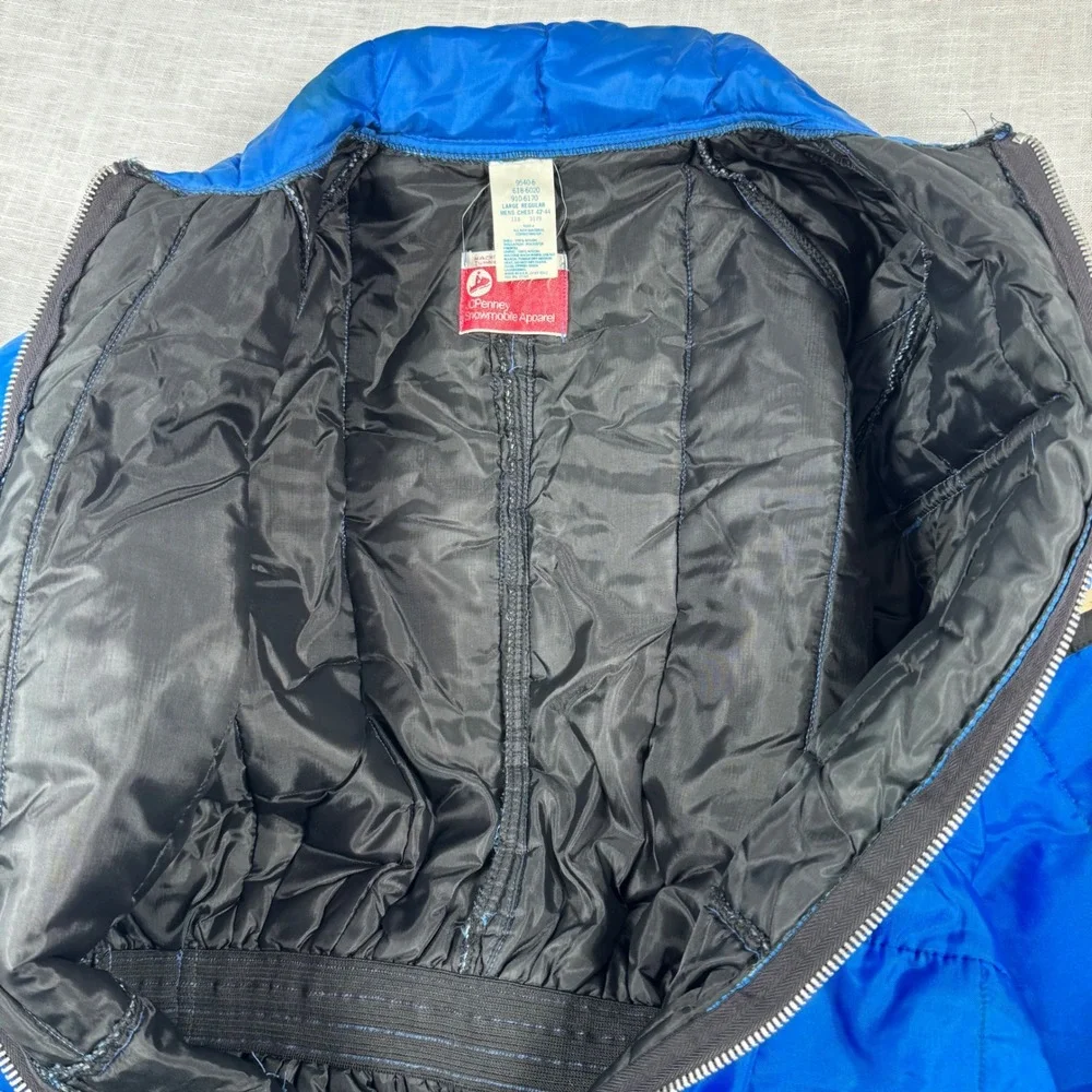 VTG JCPenney Snowmobile Ski Suit Men L Blue Coveralls Hood Belted Retro Gorpcore